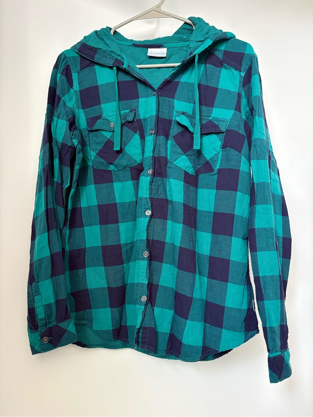 Plaid Hooded Button-Down Shirt in Teal and Navy